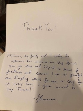 dumpling business owner melissa thank you note